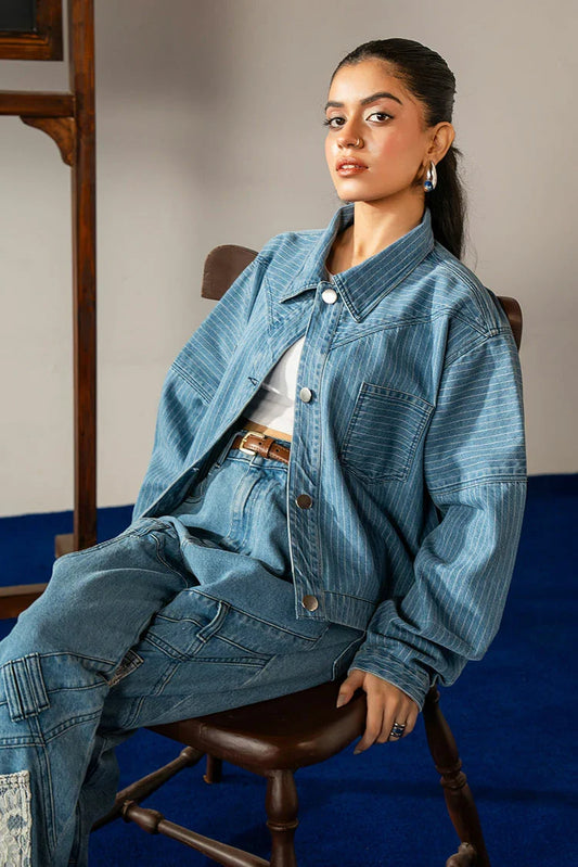 Picture of Peelu - Striped Denim Jacket - Available at Raja Sahib