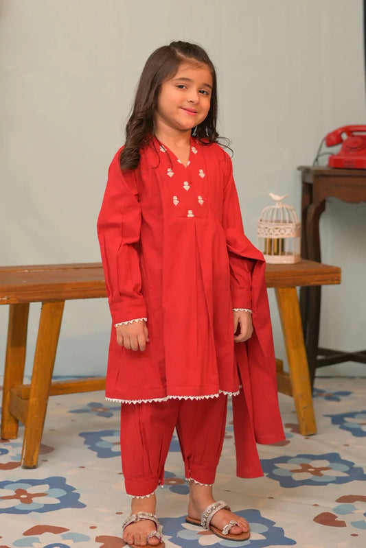 Picture of KAD-02794 | RED | Casual 3 Piece Suit | Cotton Dobby Self - Available at Raja Sahib