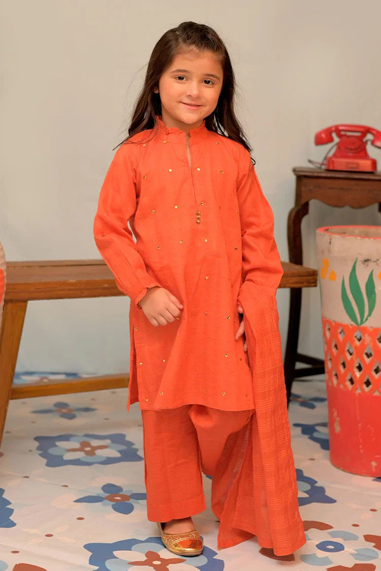 Picture of KAD-02879 | Orange & Gold | Casual 3 Piece Suit | Cotton Self Dobby - Available at Raja Sahib