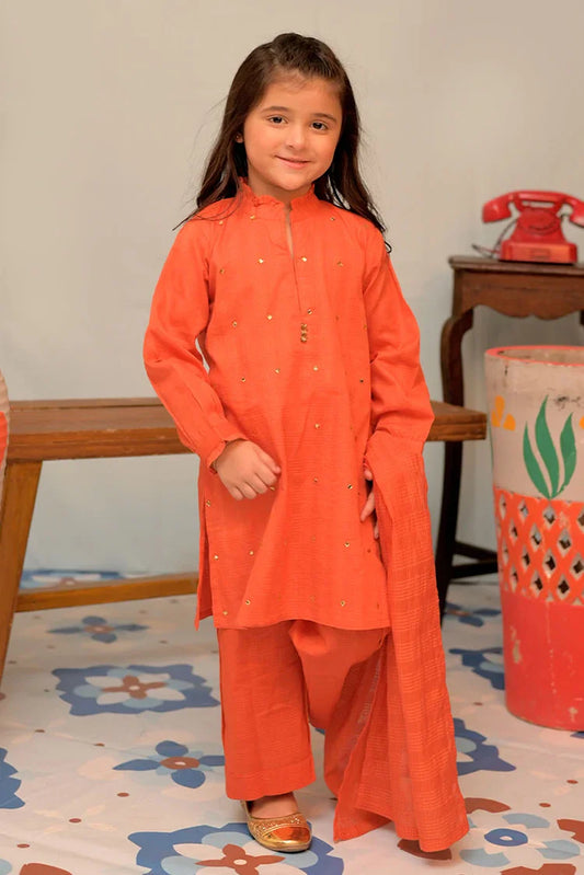 Picture of KAD-02879 | Orange & Gold | Casual 3 Piece Suit | Cotton Self Dobby - Available at Raja Sahib