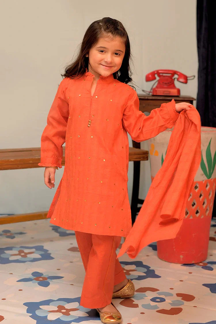 Picture of KAD-02879 | Orange & Gold | Casual 3 Piece Suit | Cotton Self Dobby - Available at Raja Sahib