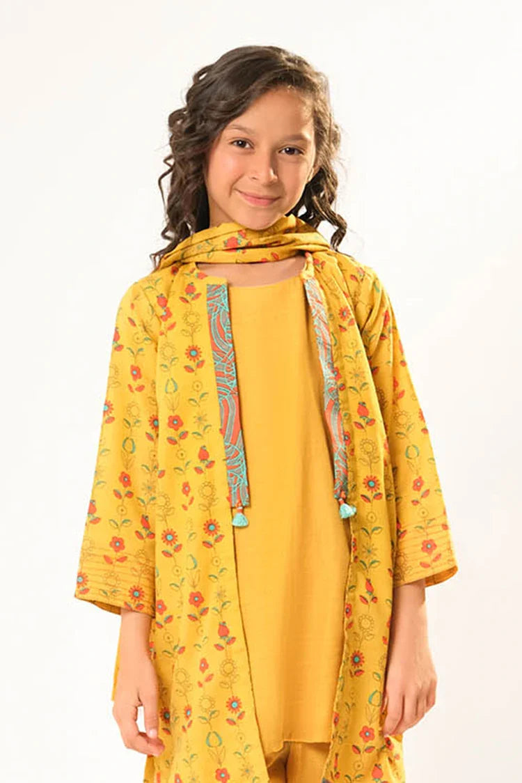 Picture of Kids winter clothes | Mustard & Multicolor | Casual 3 Piece Suit | Cotton Khaddar Printed | KAD-03191 - Available at Raja Sahib