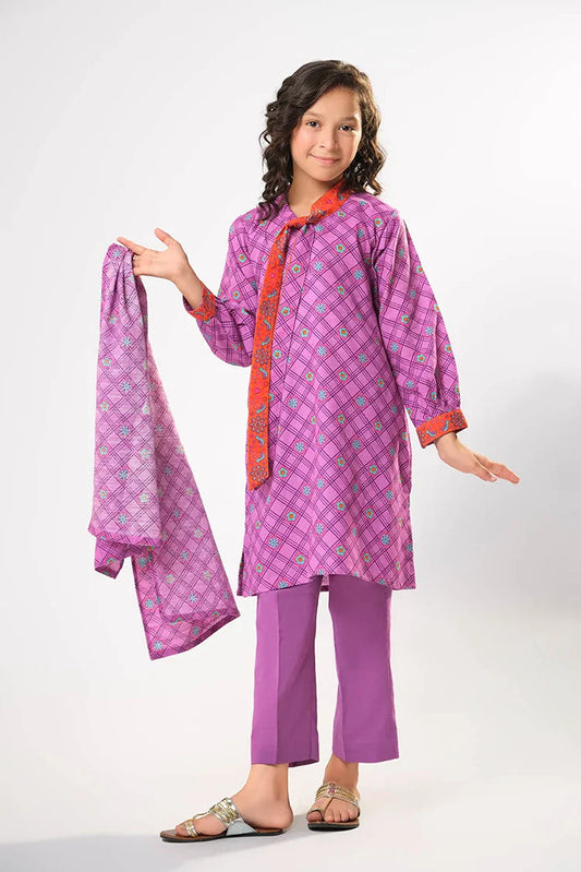 Picture of Kids winter clothes | Purple & Multicolor | Casual 3 Piece Suit | Cotton Khaddar Printed | KAD-03192 - Available at Raja Sahib