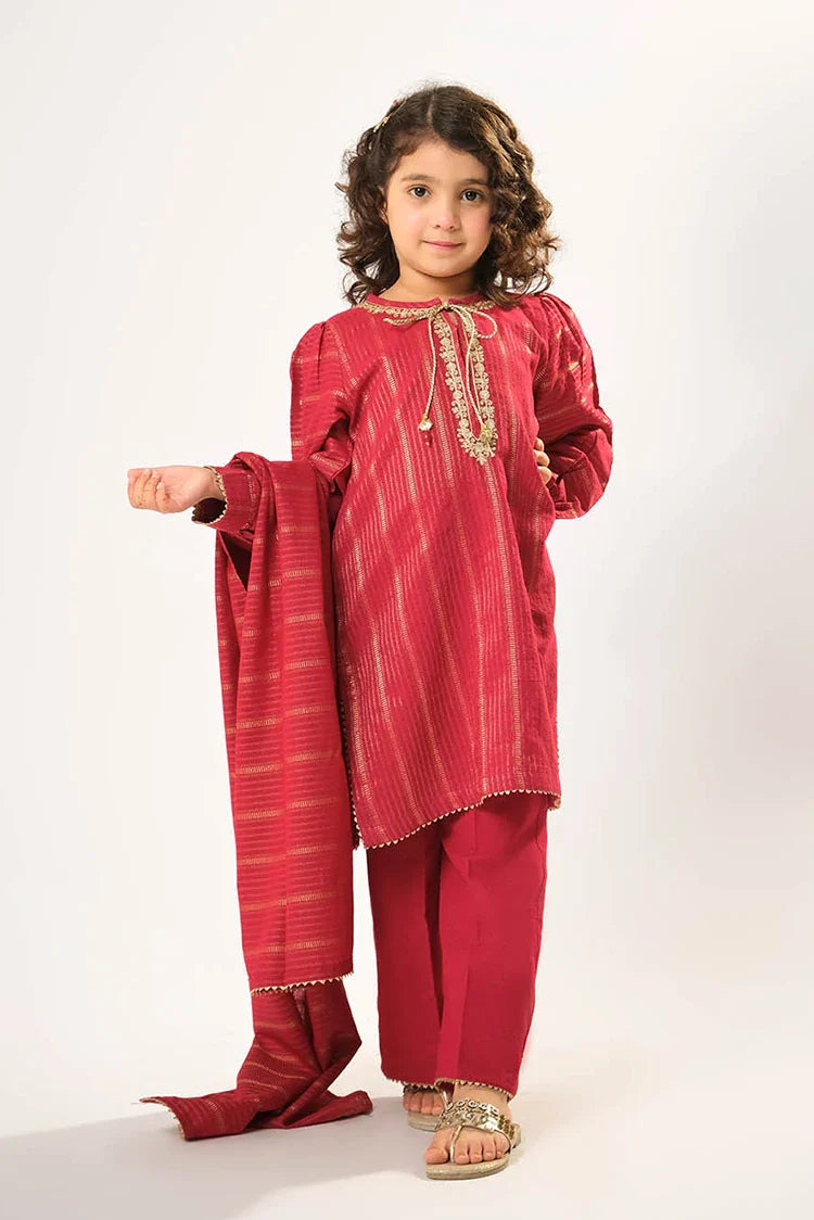 Picture of Kids winter clothes | Red & Gold | Casual 3 Piece Suit | Cotton Karandi Dobby | KAD-03217 - Available at Raja Sahib
