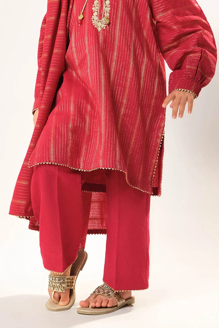Picture of Kids winter clothes | Red & Gold | Casual 3 Piece Suit | Cotton Karandi Dobby | KAD-03217 - Available at Raja Sahib