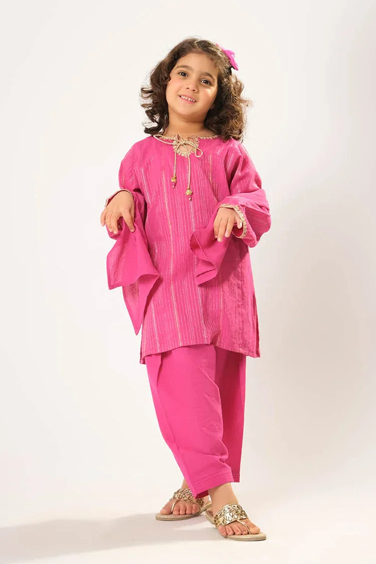 Picture of Kids winter clothes | Shocking Pink & Gold | Casual 3 Piece Suit | Cotton Karandi Dobby | KAD-03218 - Available at Raja Sahib