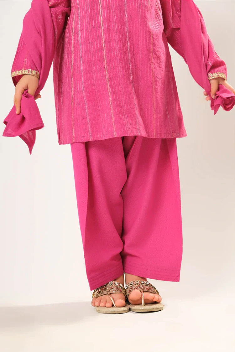Picture of Kids winter clothes | Shocking Pink & Gold | Casual 3 Piece Suit | Cotton Karandi Dobby | KAD-03218 - Available at Raja Sahib