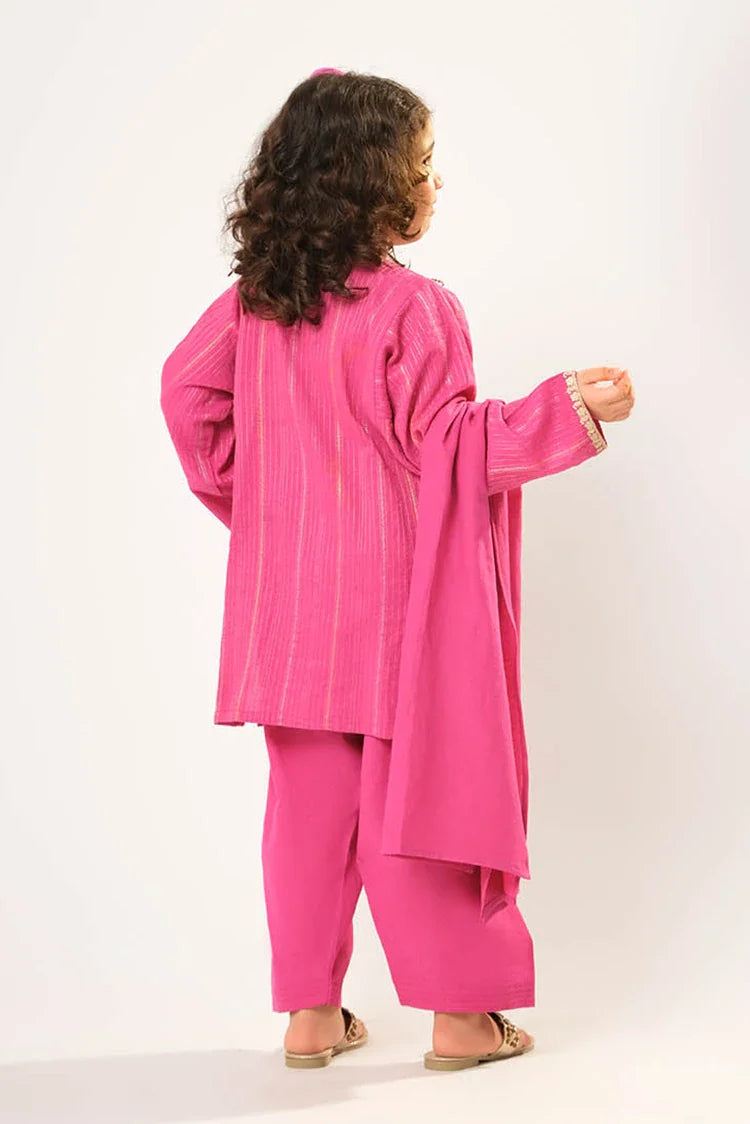 Picture of Kids winter clothes | Shocking Pink & Gold | Casual 3 Piece Suit | Cotton Karandi Dobby | KAD-03218 - Available at Raja Sahib