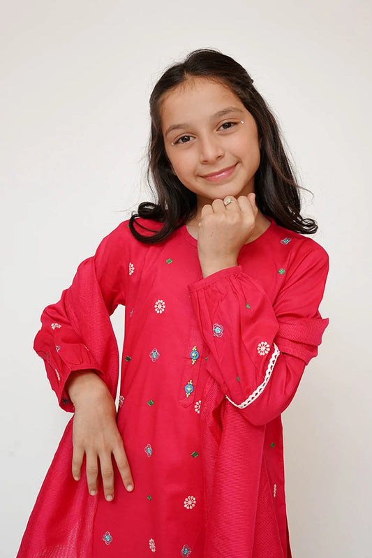 Picture of Senorita - Kids Casual Dress - Shocking Pink & Multicolor - Casual 3 Piece Suit - KAD-03426 - Available at Raja Sahib