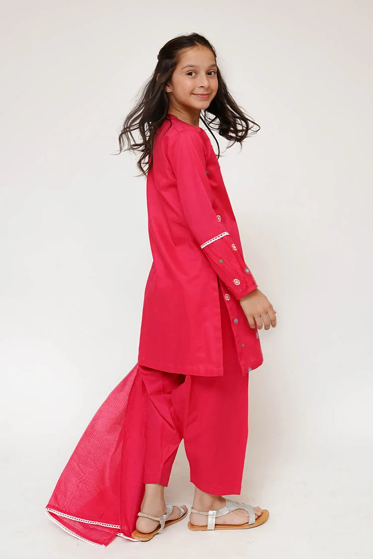 Picture of Senorita - Kids Casual Dress - Shocking Pink & Multicolor - Casual 3 Piece Suit - KAD-03426 - Available at Raja Sahib