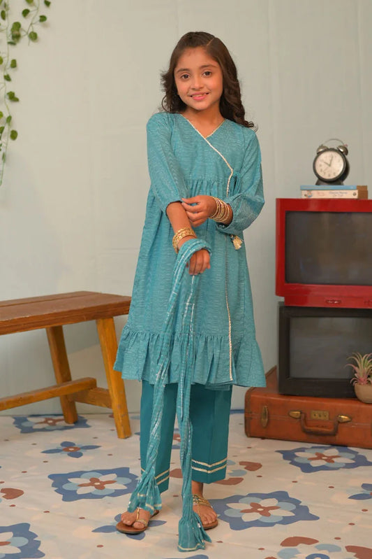 Picture of KBD-02847 | Ferozi & Blue | Casual Plus 3 Piece Suit | Cotton Jacquard - Available at Raja Sahib