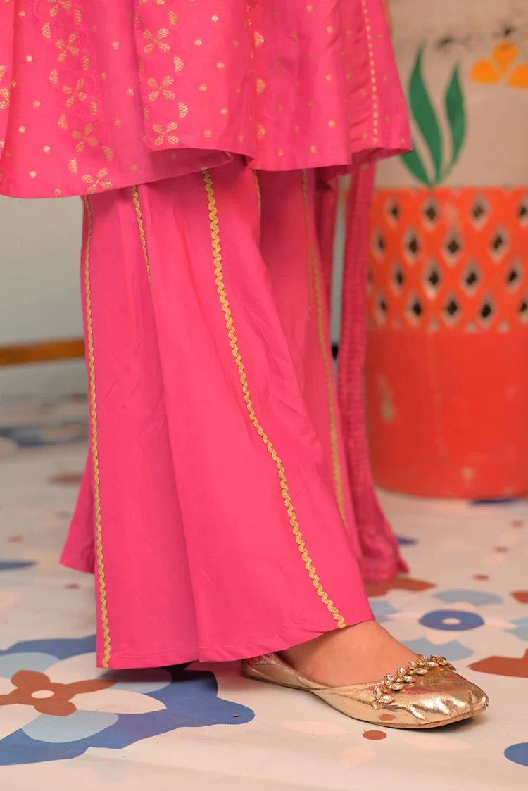 Picture of KBD-02856 | Shocking Pink & Gold | Casual Plus 3 Piece Suit | Cotton Jacquard - Available at Raja Sahib