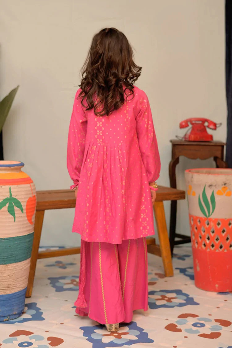 Picture of KBD-02856 | Shocking Pink & Gold | Casual Plus 3 Piece Suit | Cotton Jacquard - Available at Raja Sahib