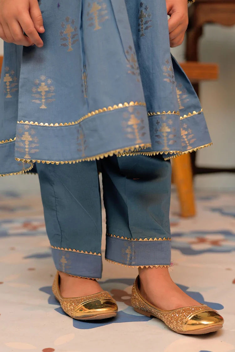 Picture of KBD-02857 | Blue & Gold | Casual Plus 3 Piece Suit | Cotton Jacquard - Available at Raja Sahib