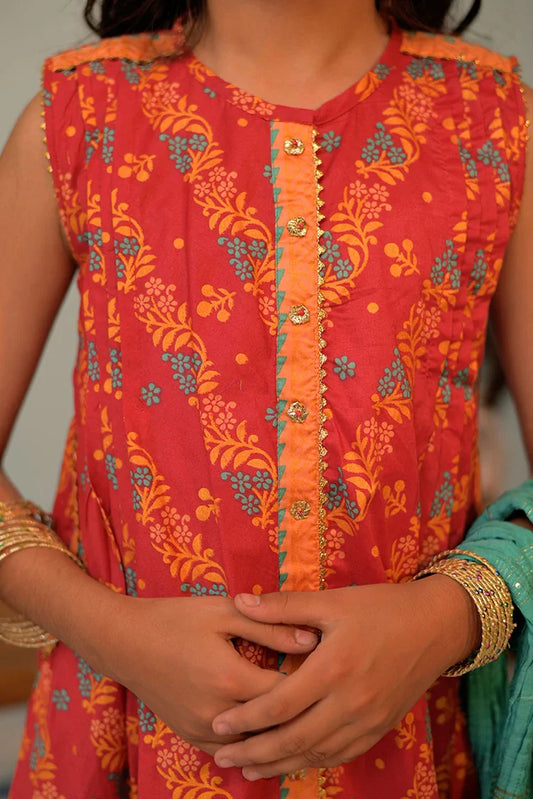 Picture of KBD-02882 | Red & Multicolor | Casual Plus 3 Piece Suit | Cotton Lawn Gold Printed - Available at Raja Sahib