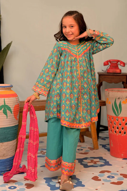 Picture of KBD-02883 | Tarquoise Green & MultiColor | Casual Plus 3 Piece Suit | Cotton Lawn Gold Printed - Available at Raja Sahib