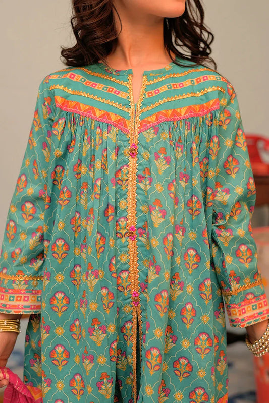 Picture of KBD-02883 | Tarquoise Green & MultiColor | Casual Plus 3 Piece Suit | Cotton Lawn Gold Printed - Available at Raja Sahib