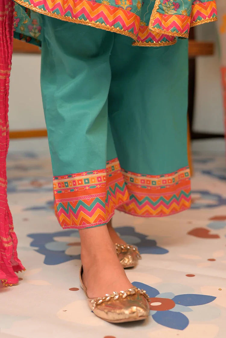 Picture of KBD-02883 | Tarquoise Green & MultiColor | Casual Plus 3 Piece Suit | Cotton Lawn Gold Printed - Available at Raja Sahib