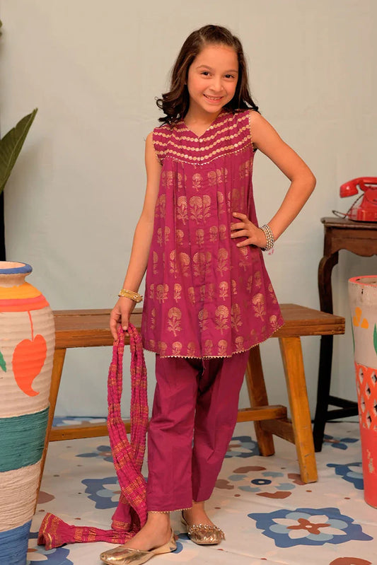 Picture of KBD-02933 | Magenta & Gold | Casual Plus 3 Piece Suit | Cotton Jacquard - Available at Raja Sahib