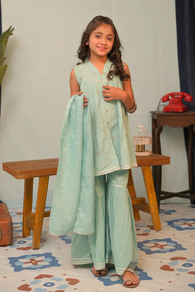 Picture of KBD-02958 | Sea Green & Silver | Casual Plus 3 Piece Suit | Cotton Jacquard - Available at Raja Sahib