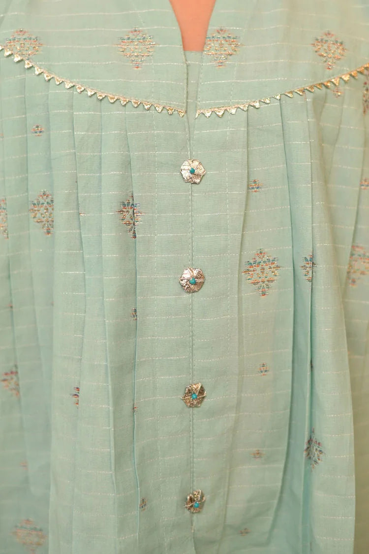Picture of KBD-02958 | Sea Green & Silver | Casual Plus 3 Piece Suit | Cotton Jacquard - Available at Raja Sahib