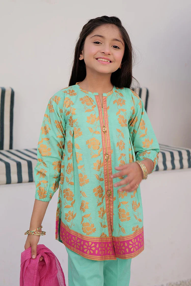 Picture of KBD-02979 | Sea Green & Gold | Casual Plus 3 Piece Suit | Cotton Dobby Gold Print - Available at Raja Sahib