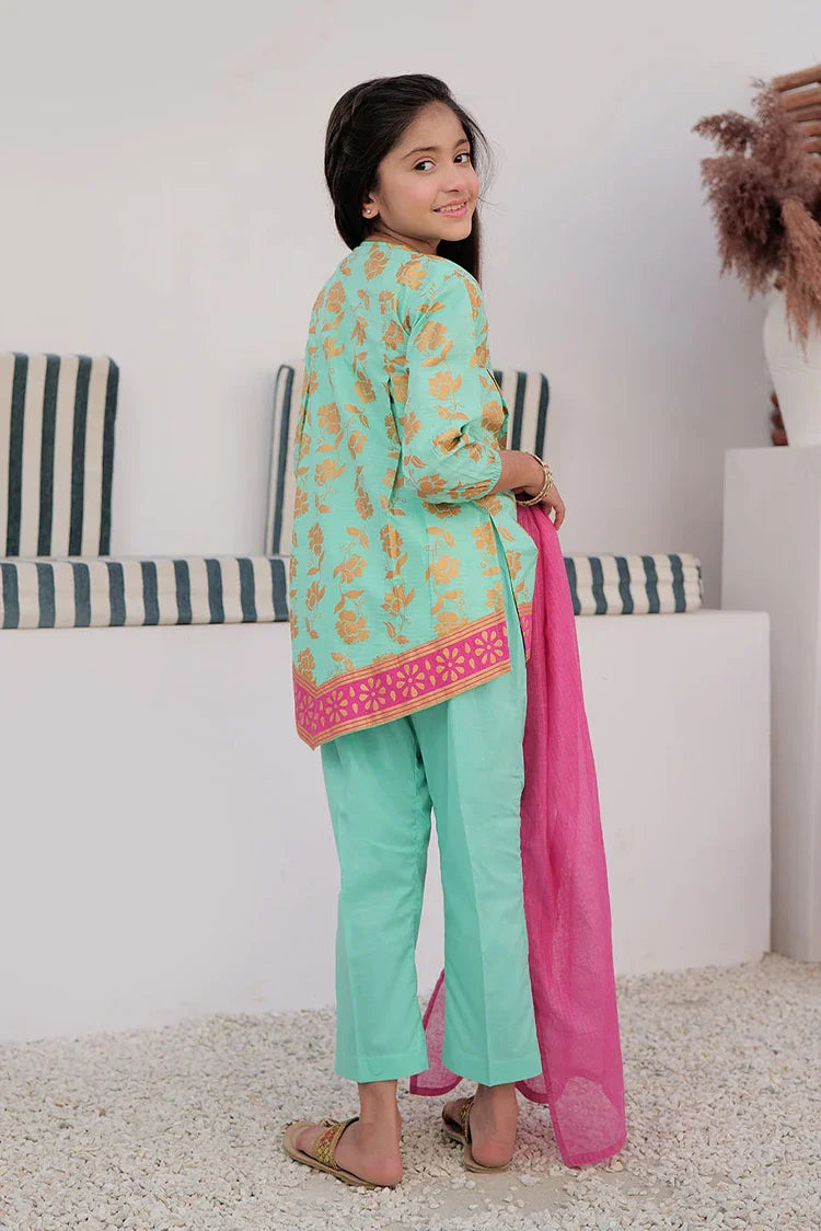 Picture of KBD-02979 | Sea Green & Gold | Casual Plus 3 Piece Suit | Cotton Dobby Gold Print - Available at Raja Sahib