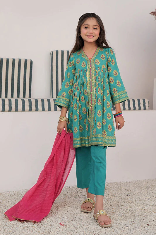 Picture of KBD-03000 | Turquoise Green & Multicolor | Casual Plus 3 Piece Suit | Cotton Dobby Dye over Gold Print - Available at Raja Sahib