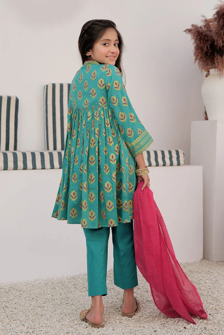 Picture of KBD-03000 | Turquoise Green & Multicolor | Casual Plus 3 Piece Suit | Cotton Dobby Dye over Gold Print - Available at Raja Sahib