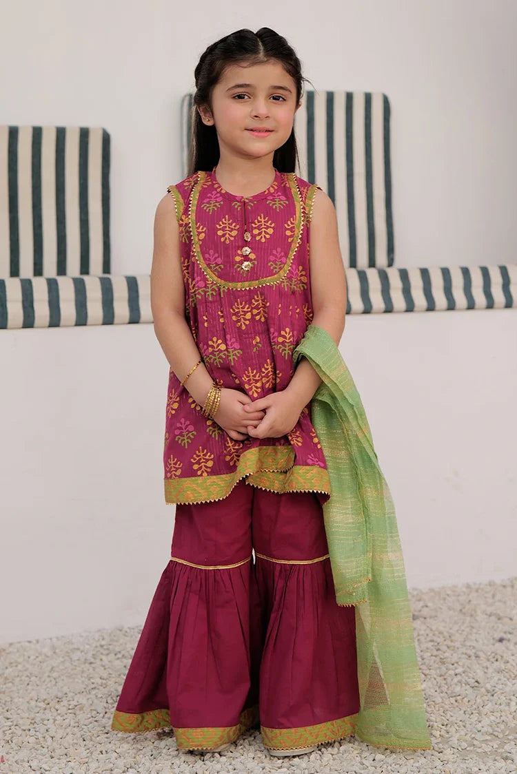 Picture of KBD-03001 | Magenta & Multicolor | Casual Plus 3 Piece Suit | Cotton Dobby Dye over Gold Print - Available at Raja Sahib