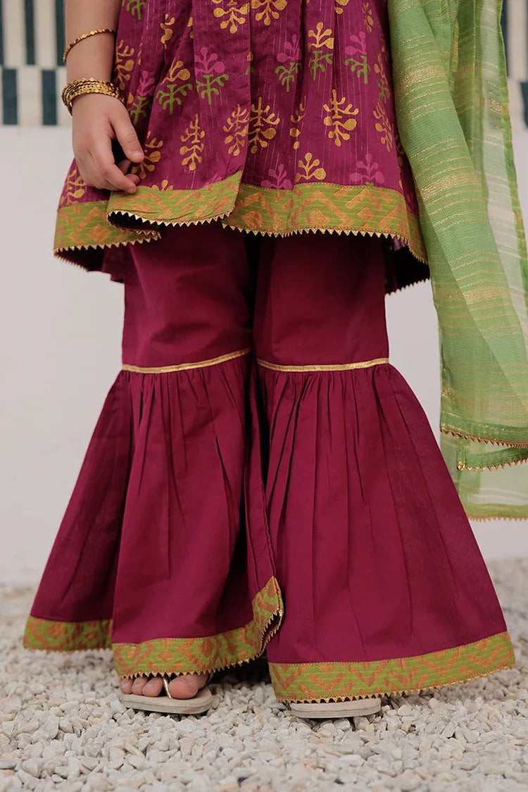 Picture of KBD-03001 | Magenta & Multicolor | Casual Plus 3 Piece Suit | Cotton Dobby Dye over Gold Print - Available at Raja Sahib