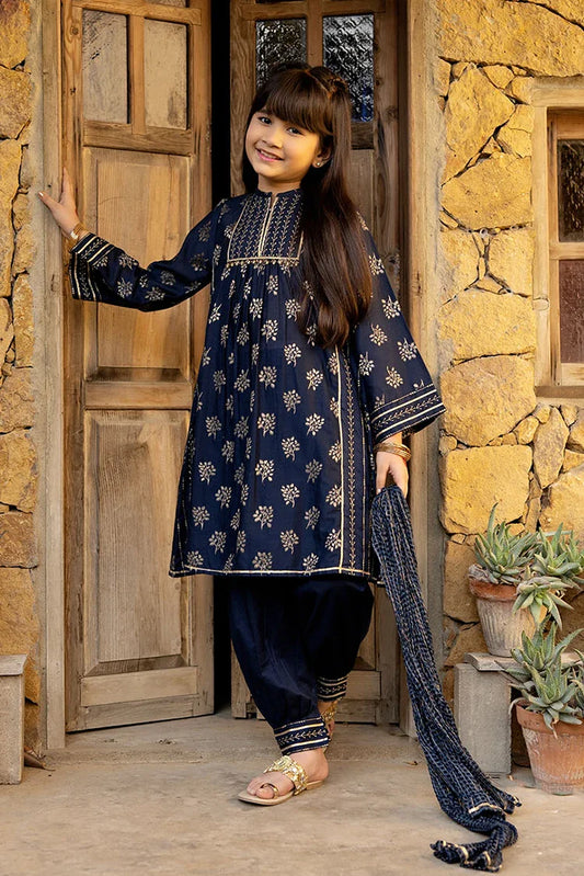 Picture of KBD-03048 | Blue & Gold | Casual Plus 3 Piece Suit | Cotton Jacquard - Available at Raja Sahib