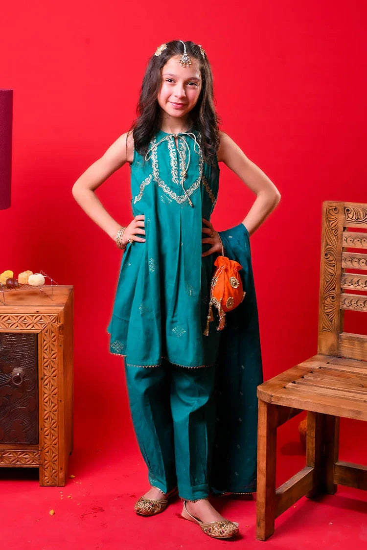 Picture of Senorita - Turquois Blue & Gold - Casual Plus 3 Piece Suit - Cotton Plain - KBD-03328 - Available at Raja Sahib
