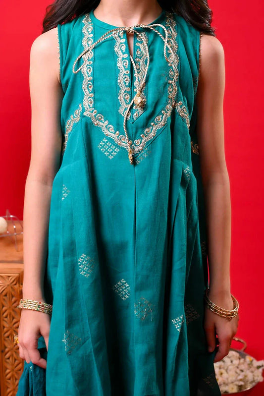 Picture of Senorita - Turquois Blue & Gold - Casual Plus 3 Piece Suit - Cotton Plain - KBD-03328 - Available at Raja Sahib