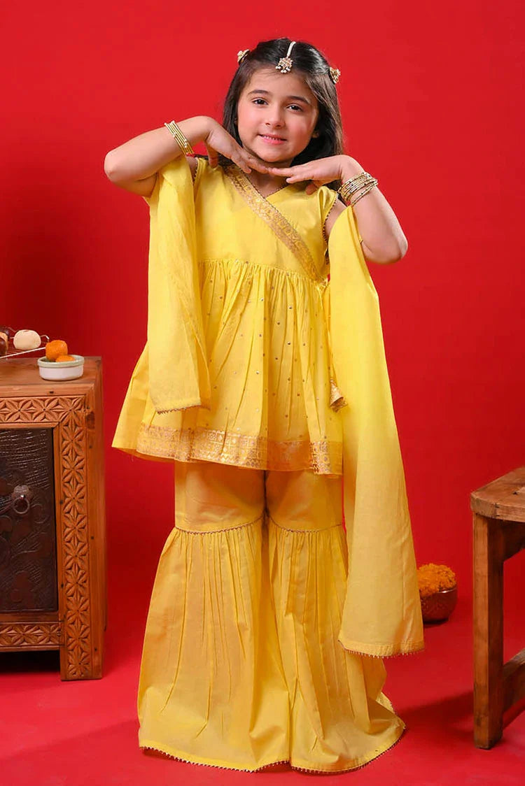 Picture of Senorita - Yellow & Gold - Casual Plus 3 Piece Suit - Cotton Gold Foil Printed - KBD-03366 - Available at Raja Sahib