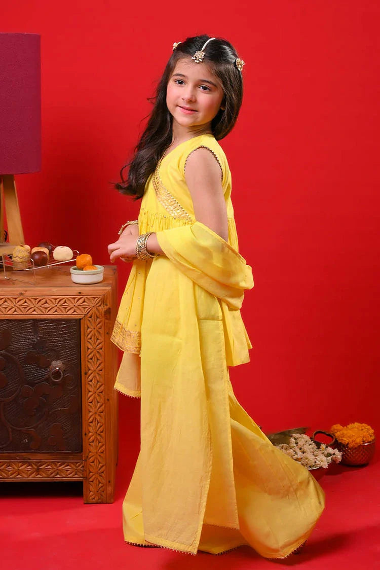 Picture of Senorita - Yellow & Gold - Casual Plus 3 Piece Suit - Cotton Gold Foil Printed - KBD-03366 - Available at Raja Sahib