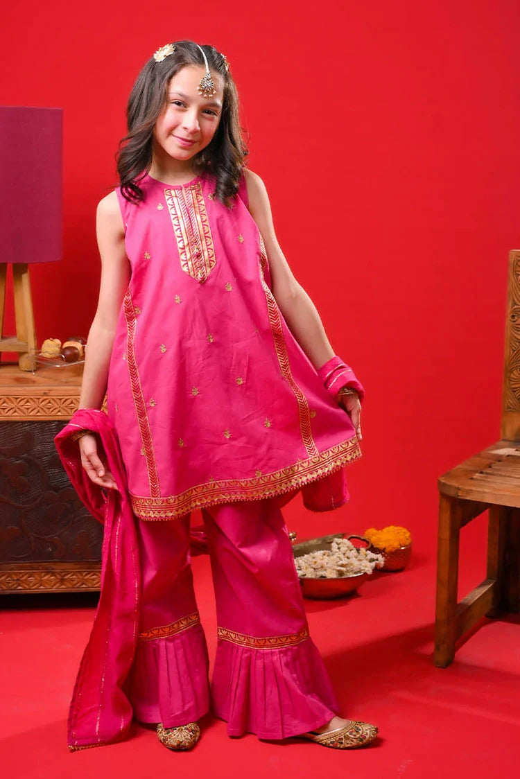 Picture of Senorita - Shocking Pink & Gold - Casual Plus 3 Piece Suit - Cotton Gold Foil Printed - KBD-03367 - Available at Raja Sahib