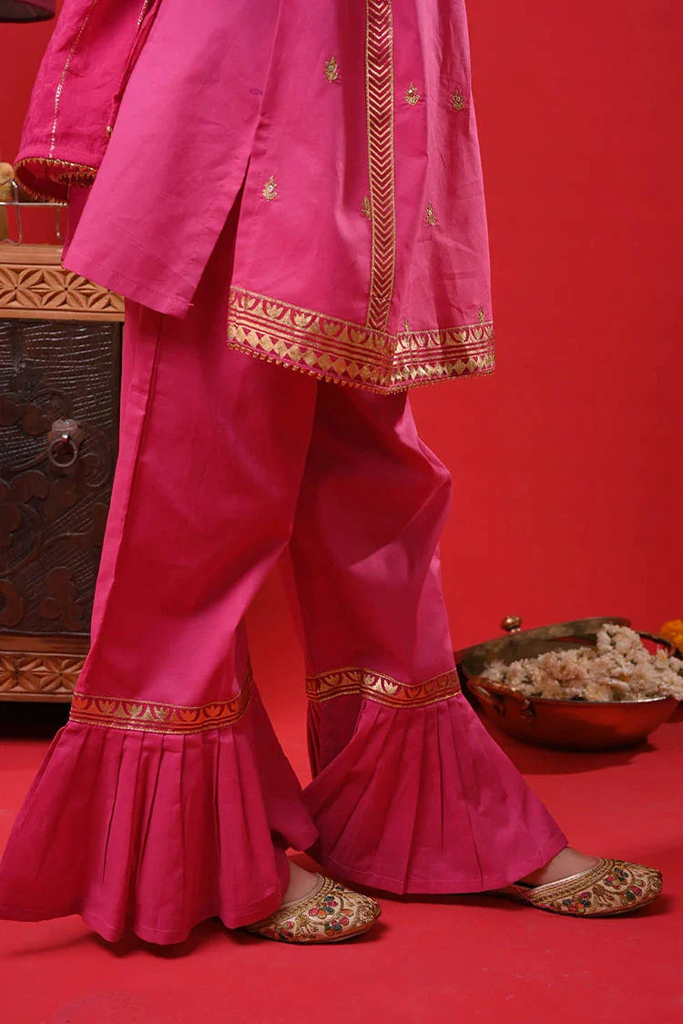 Picture of Senorita - Shocking Pink & Gold - Casual Plus 3 Piece Suit - Cotton Gold Foil Printed - KBD-03367 - Available at Raja Sahib