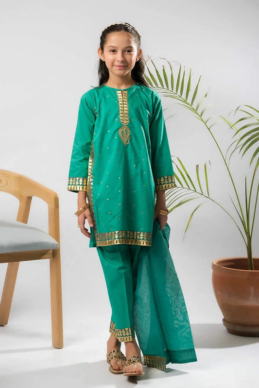 Picture of Senorita - Turquoise Green & Gold - Casual Plus 3 Piece Suit - Cotton Gold Foil Printed - KBD-03368 - Available at Raja Sahib