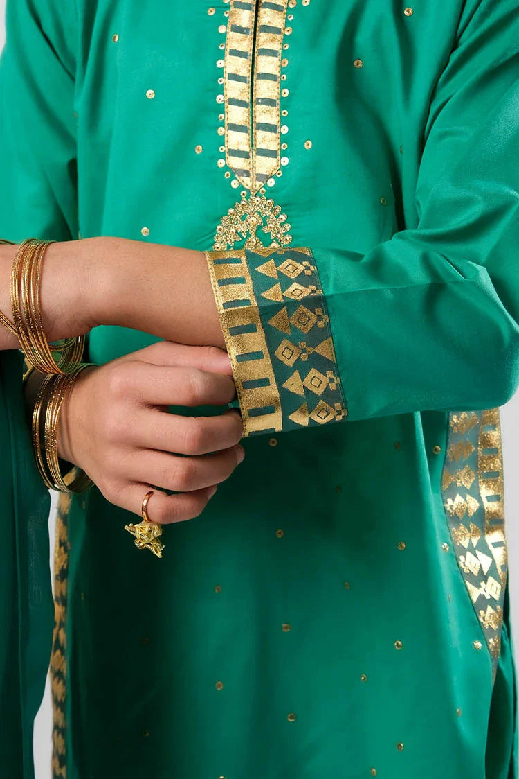 Picture of Senorita - Turquoise Green & Gold - Casual Plus 3 Piece Suit - Cotton Gold Foil Printed - KBD-03368 - Available at Raja Sahib