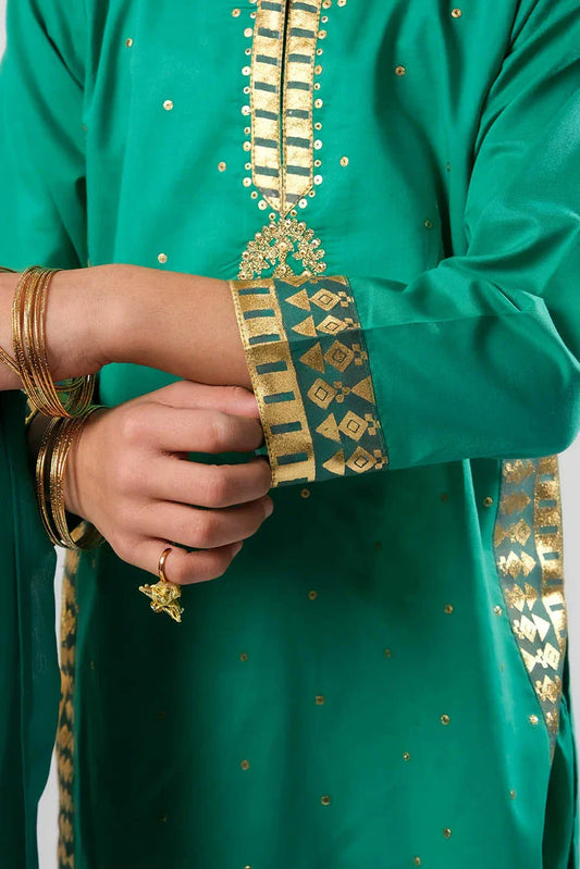 Picture of Senorita - Turquoise Green & Gold - Casual Plus 3 Piece Suit - Cotton Gold Foil Printed - KBD-03368 - Available at Raja Sahib