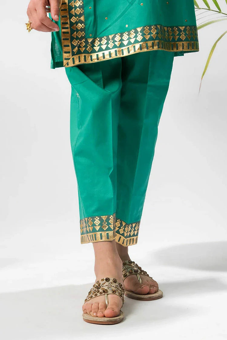 Picture of Senorita - Turquoise Green & Gold - Casual Plus 3 Piece Suit - Cotton Gold Foil Printed - KBD-03368 - Available at Raja Sahib