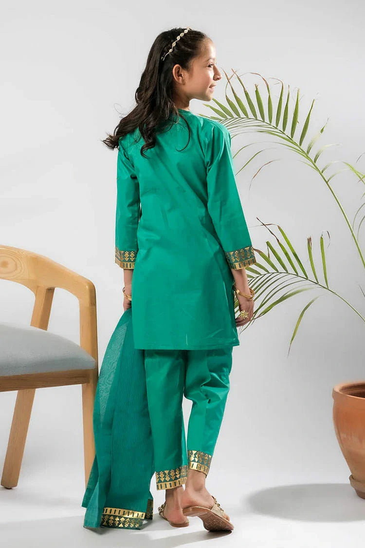 Picture of Senorita - Turquoise Green & Gold - Casual Plus 3 Piece Suit - Cotton Gold Foil Printed - KBD-03368 - Available at Raja Sahib