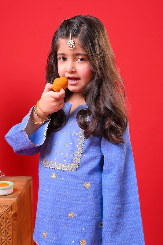 Picture of Senorita - Kids Eid Dress - Blue & Gold - Casual Plus 3 Piece Suit - KBD-03371 - Available at Raja Sahib