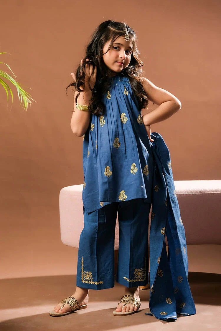 Picture of KBD-03388 | Blue & Gold | Casual Plus 3 Piece Suit | Cotton Glitter Printed - Available at Raja Sahib