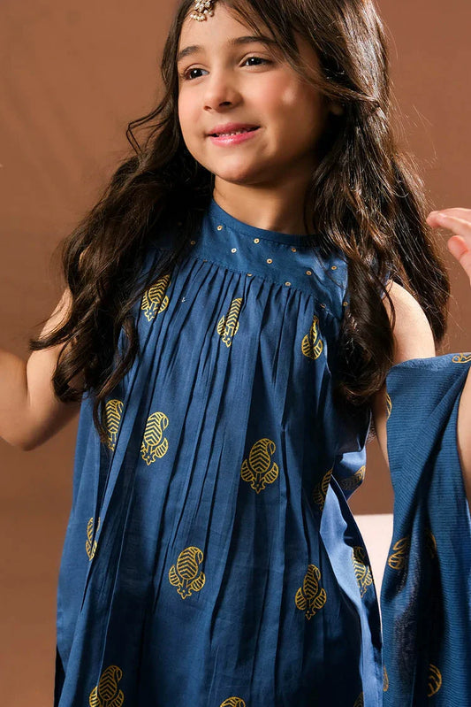 Picture of KBD-03388 | Blue & Gold | Casual Plus 3 Piece Suit | Cotton Glitter Printed - Available at Raja Sahib
