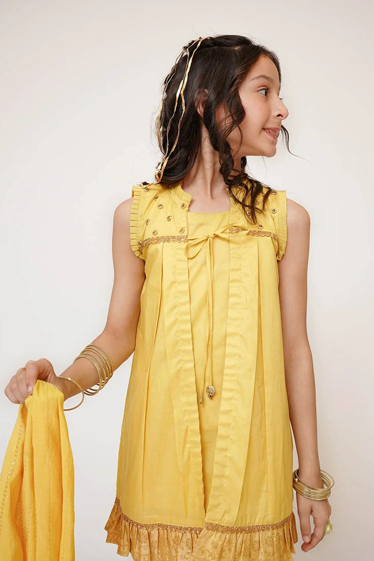 Picture of Senorita - Kids Casual Dress - Mustard & Gold - Casual Plus 3 Piece Suit - KBD-03447 - Available at Raja Sahib