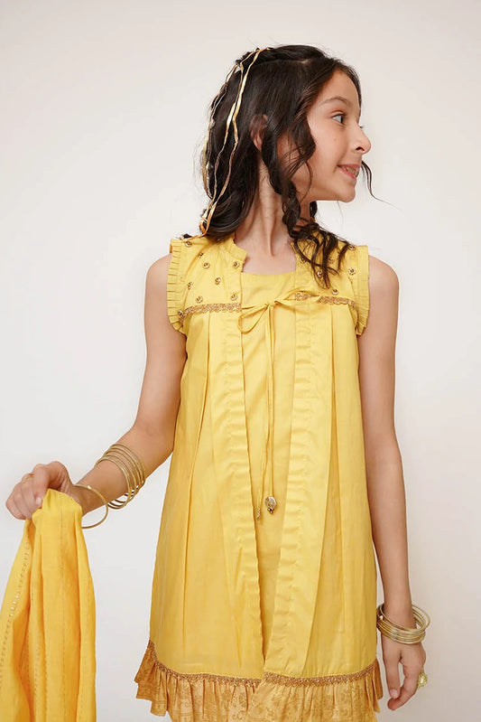 Picture of Senorita - Kids Casual Dress - Mustard & Gold - Casual Plus 3 Piece Suit - KBD-03447 - Available at Raja Sahib