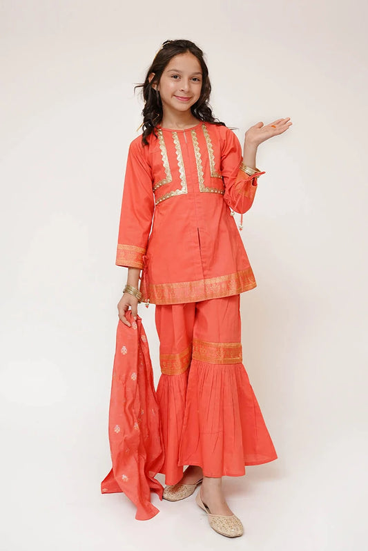 Picture of Senorita - Kids Casual Dress - Casual Plus 3 Piece Suit - Cotton Plain with Banarsi Borders - KBD-03450 - Available at Raja Sahib