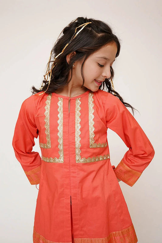 Picture of Senorita - Kids Casual Dress - Casual Plus 3 Piece Suit - Cotton Plain with Banarsi Borders - KBD-03450 - Available at Raja Sahib